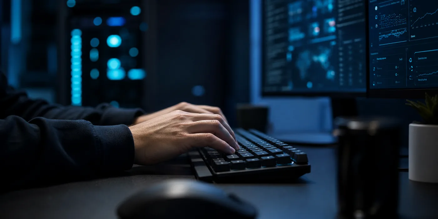 Developer hands working in a dark desk setup
